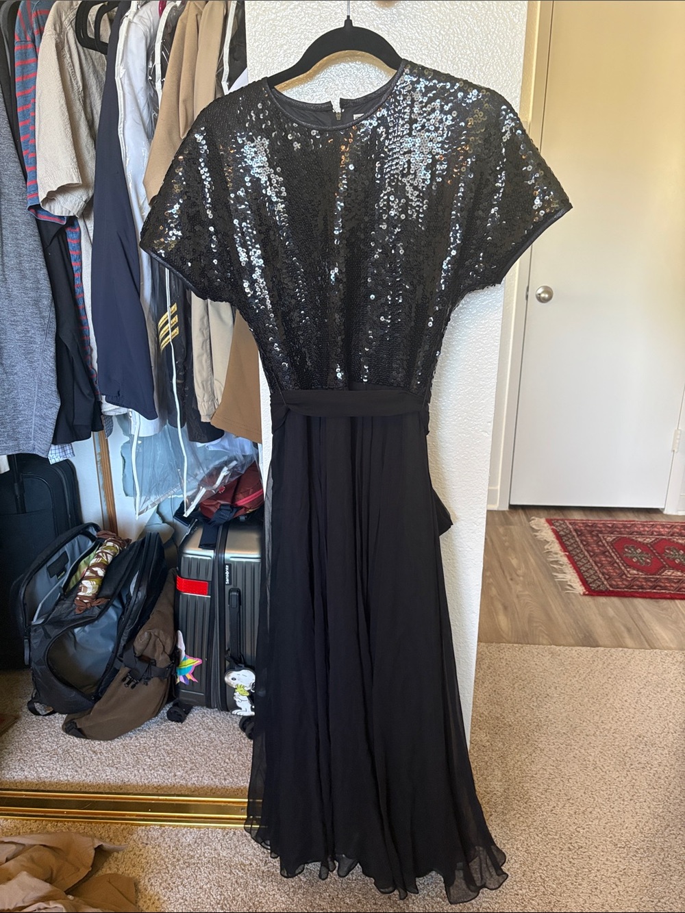 Black Sequin Bodice Maxi Dress with Flowing Skirt - Women